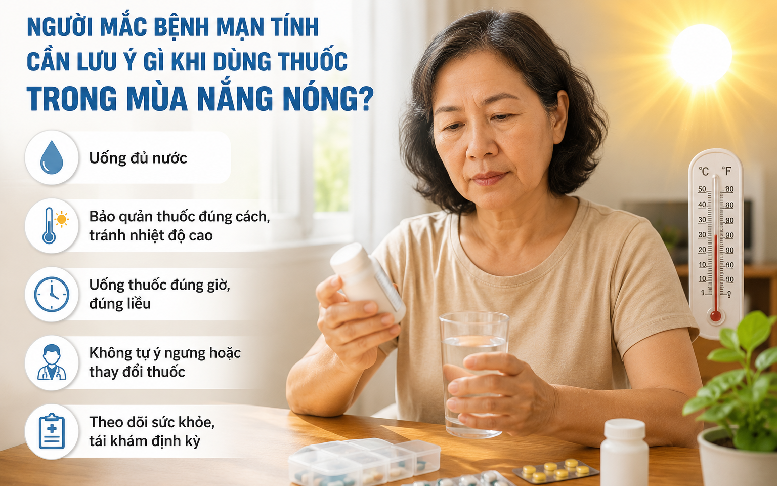 Dùng thuốc trong mùa nắng nóng, người bệnh cần lưu ý gì?- Ảnh 2. Nắng nóng có thể làm tăng nguy cơ tác dụng phụ thuốc ở người bệnh mạn tính
