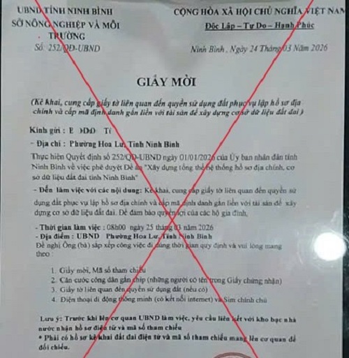 giay-moi-17785723005071289035091 Cảnh báo lừa đảo giả giấy mời phục vụ cấp mã định danh để xây dựng cơ sở dữ liệu đất đai- Ảnh 1.
